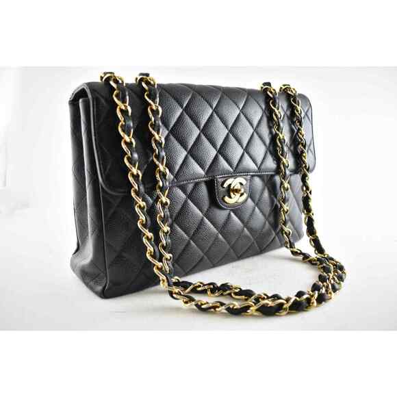 Chanel Vintage Black Caviar Gold 24K Jumbo Flap CC Logo Shoulder Crossbody Bag - Picture 3 of 12
